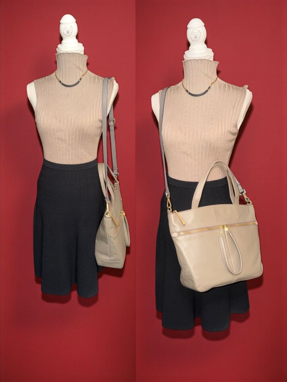 HOBO Double Zip Satchel Taupe Matte Leather Brass Shoulder Bag Detachable Strap - Picture 3 of 12